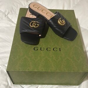 Gucci Black Leather Slides with Gold Logo